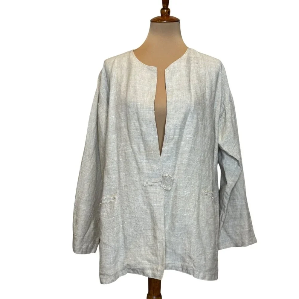 Vintage Tamiko Linen Overcoat Tunic Jacket Stitching Detail Minimilist Lagenlook